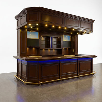 Home Bar Crafted for Luxury Entertaining, LED Accent Lighting, Tempered Glass Display, Mahogany Finish