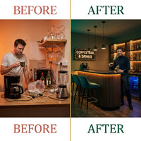 Home Bar Station Built for Coffee & Cocktails, Matte-Black Stone Countertop, Floating Shelves, LED Lighting — Before & After