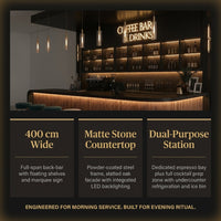 Home Bar Station Built for Coffee & Cocktails, Matte-Black Stone Countertop, Floating Shelves, LED Lighting — Results & Stats