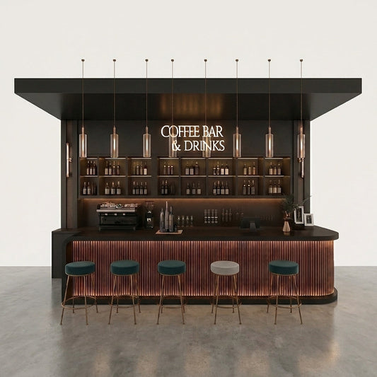 Home Bar Station Built for Coffee & Cocktails, Matte-Black Stone Countertop, Floating Shelves, LED Lighting — Studio Shot