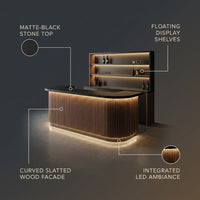 Home Bar Station Built for Coffee & Cocktails, Matte-Black Stone Countertop, Floating Shelves, LED Lighting — infographic