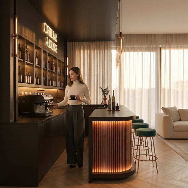 Home Bar Station Built for Coffee & Cocktails, Matte-Black Stone Countertop, Floating Shelves, LED Lighting