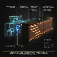 Home Bar Station Built for Coffee & Cocktails, Matte-Black Stone Countertop, Floating Shelves, LED Lighting — How It Works