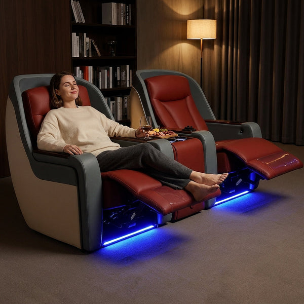 Home Theater Recliners Built for Cinema Luxury, Italian Leather, Motorized Recline, LED Lighting, Wireless Charging