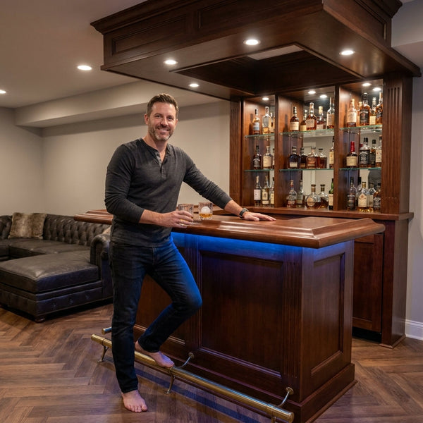 Home Bar Crafted for Luxury Entertaining, LED Accent Lighting, Tempered Glass Display, Mahogany Finish