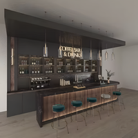 Home Bar Station Built for Coffee & Cocktails, Matte-Black Stone Countertop, Floating Shelves, LED Lighting