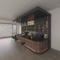 Home Bar Station Built for Coffee & Cocktails, Matte-Black Stone Countertop, Floating Shelves, LED Lighting